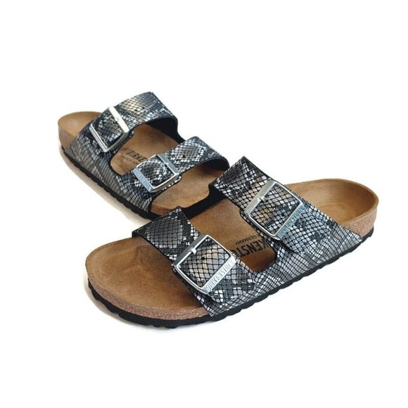 Birkenstock Arizona Sandals Mens 5 - 5.5 Womens 7 - 7.5 Black Python Narrow Cork - Picture 5 of 9
